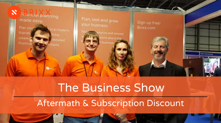 The business show aftermath and subscription discount blog post header image of the Brixx team for Brixx financial modelling software