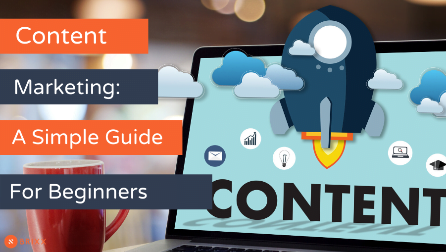 laptop with content on it, rocket coming out of laptop - text on side with content marketing: a simple guide for beginners