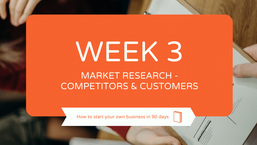clipboard, orange box with text "week 3 market research - customers & competitors"