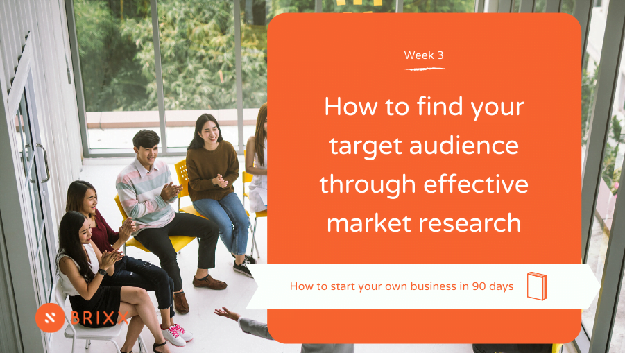 Group of people listening to a speaker, orange box with white text reading "how to find your target audience through effective market research"