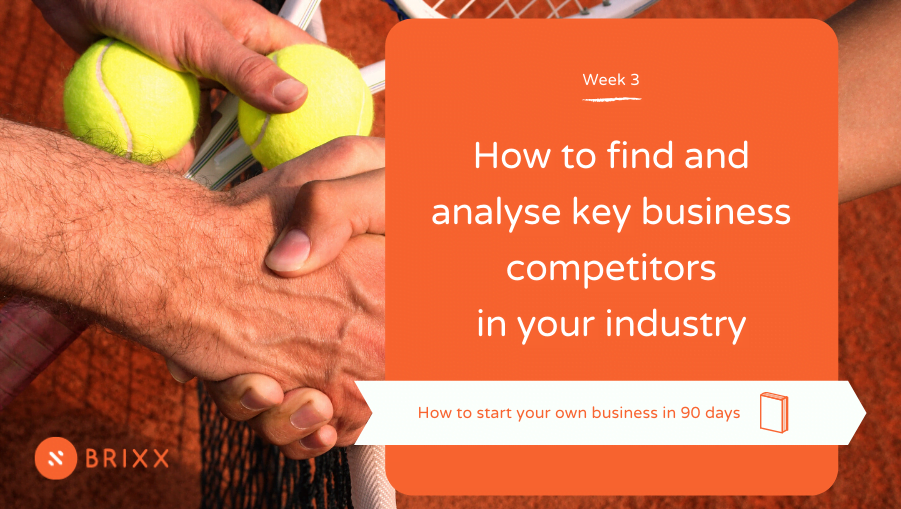 two tennis players shaking hands, orange box with white text "how to find and analyse key business competitors in your industry
