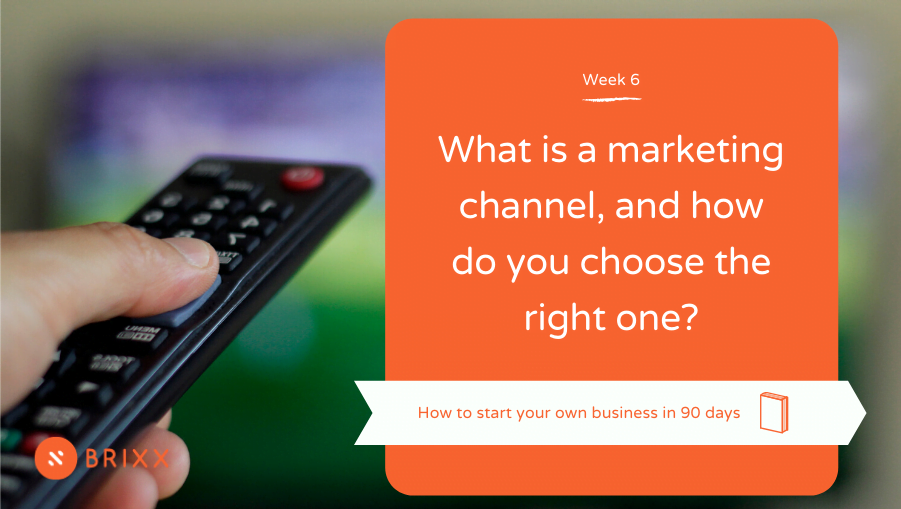 tv remote pointing at tv, orange cover with text reading "what is a marketing channel and how do you choose the right one?