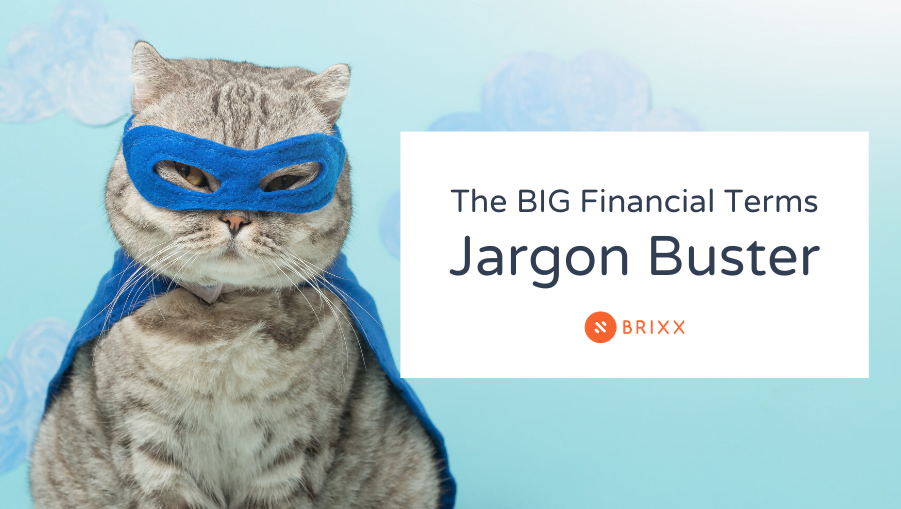 Header image of a super hero cat with the title The Big Financial Terms Jargon Buster