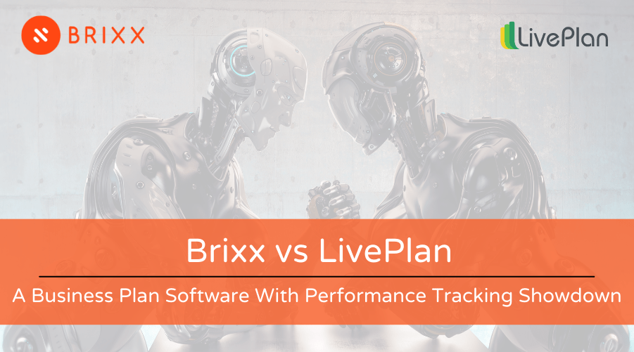 Brixx vs LivePlan - A Business Plan Software With Performance Tracking Showdown blog post header image for Brixx software of two robots arm wrestling