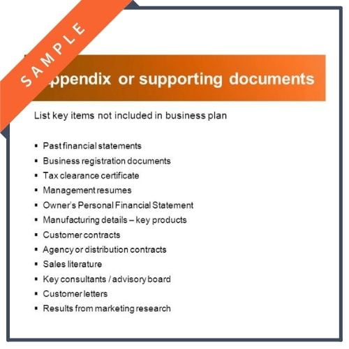 Screenshot of the appendix section of a completed business plan for the 10 most important elements of writing a business plan blog post by Brixx