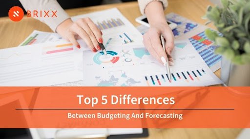 Header image of two people going over a business budget for the top 5 differences between budgeting and forecasting blog post by Brixx